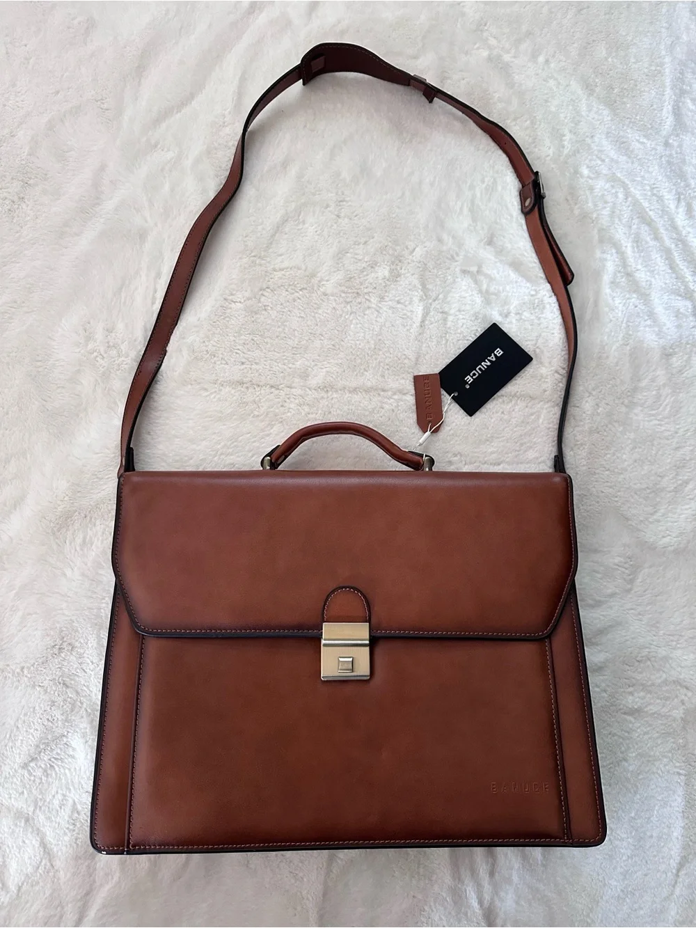 Tan Leather Laptop Briefcase with Shoulder Strap